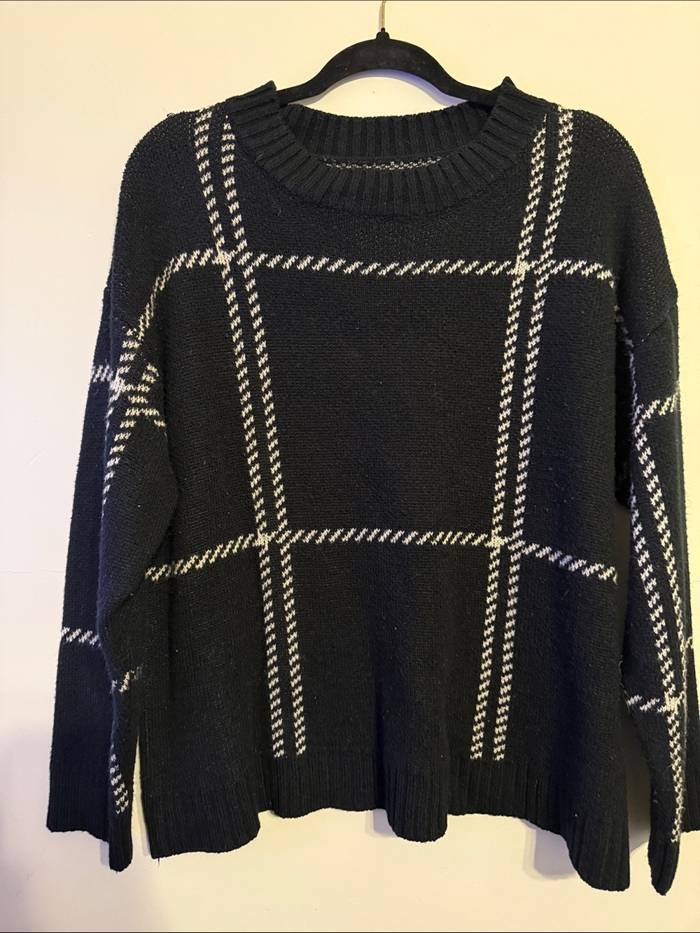 Black Windowpane Knit Sweater - Women's Crewneck